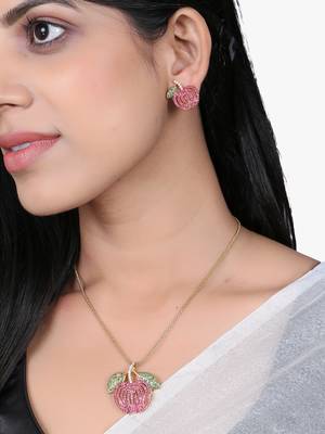 Women gold-plated stone studded pendent and earrings set 2