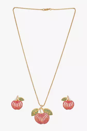 Women gold-plated stone studded pendent and earrings set