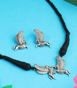 Oxidised silver-plated stone studded pendant with drawstring