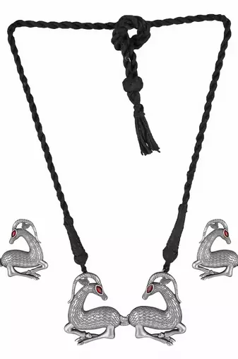 Oxidised silver-plated stone studded pendant with drawstring