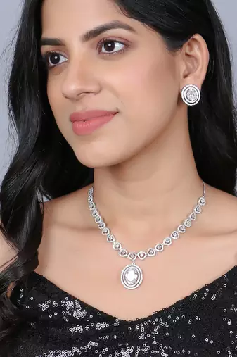 Women rhodium-plated ad stone-studded jewellery set