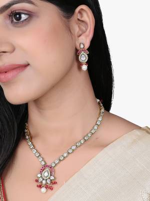 Women gold plated stone studded pearl tessel necklace and earrings 2