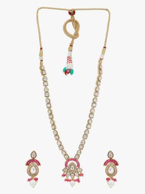 Women gold plated stone studded pearl tessel necklace and earrings 3
