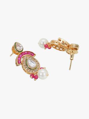 Women gold plated stone studded pearl tessel necklace and earrings 4