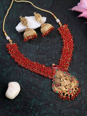 Women gold plated pearl beaded traditional temple necklace and earrings 1