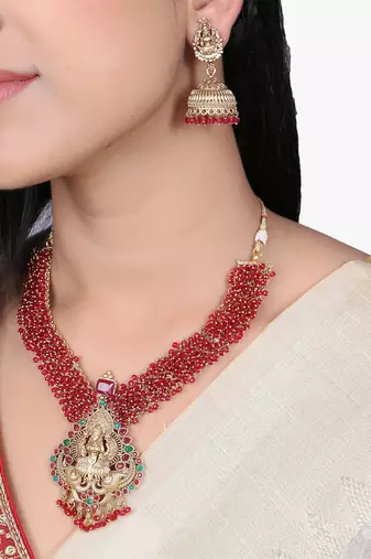 Women gold plated pearl beaded traditional temple necklace and earrings