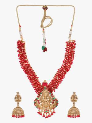 Women gold plated pearl beaded traditional temple necklace and earrings 3