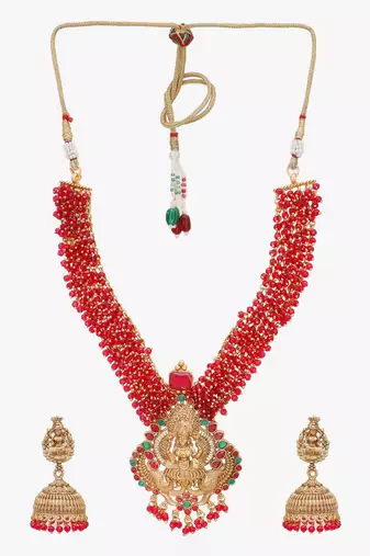 Women gold plated pearl beaded traditional temple necklace and earrings
