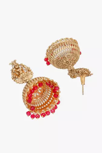 Women gold plated pearl beaded traditional temple necklace and earrings