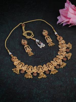 Women gold plated stone studded traditional temple necklace and earrings 1