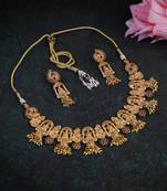 Women gold plated stone studded traditional temple necklace and earrings