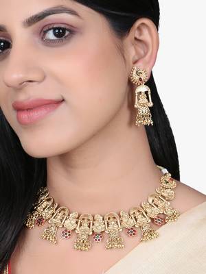 Women gold plated stone studded traditional temple necklace and earrings 2
