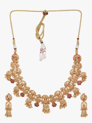 Women gold plated stone studded traditional temple necklace and earrings 3