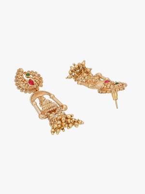 Women gold plated stone studded traditional temple necklace and earrings 4