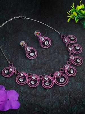 Women silver-plated stone studded pink necklace and earrings set 1
