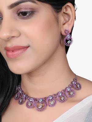 Women silver-plated stone studded pink necklace and earrings set 2