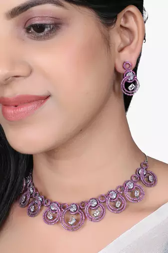 Women silver-plated stone studded pink necklace and earrings set