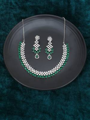 Women rhodium-plated ad stone-studded green jewellery set 1