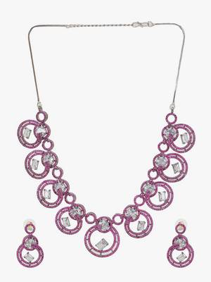Women silver-plated stone studded pink necklace and earrings set 3
