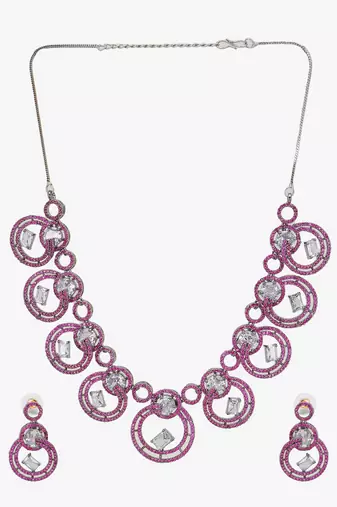 Women silver-plated stone studded pink necklace and earrings set