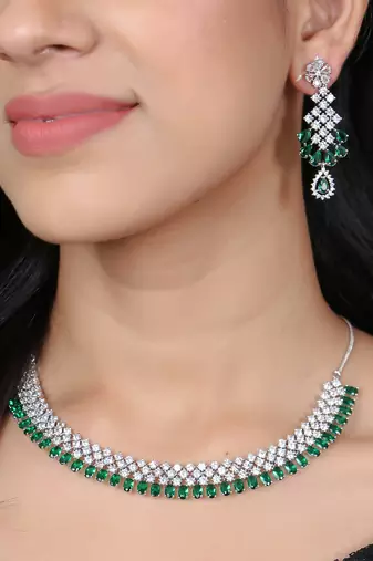 Women rhodium-plated ad stone-studded green jewellery set