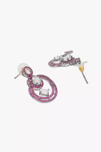 Women silver-plated stone studded pink necklace and earrings set