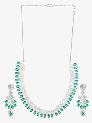 Women rhodium-plated ad stone-studded green jewellery set 3