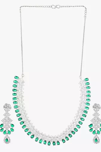 Women rhodium-plated ad stone-studded green jewellery set