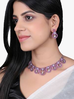 Women silver-plated stone studded pink necklace and earrings set 5