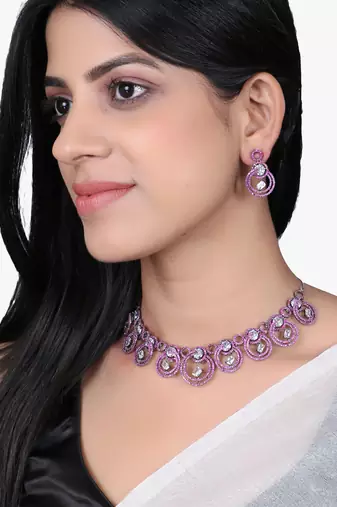 Women silver-plated stone studded pink necklace and earrings set