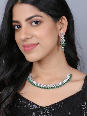 Women rhodium-plated ad stone-studded green jewellery set 5
