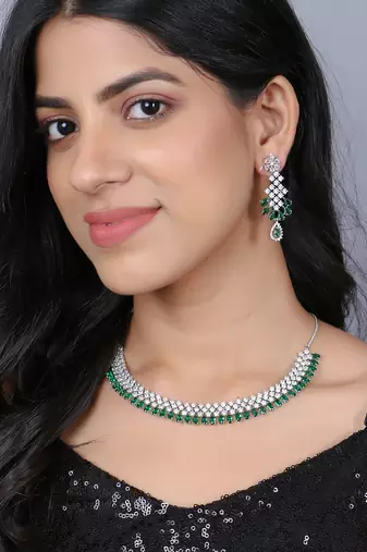Women rhodium-plated ad stone-studded green jewellery set