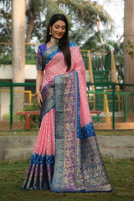 Women Light Peach Kanjivaram Bandhej Silk And Zari Weaving Border With Rich Pallu Saree With Blouse For Women 1
