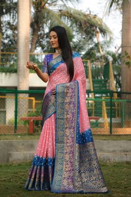 Women Light Peach Kanjivaram Bandhej Silk And Zari Weaving Border With Rich Pallu Saree With Blouse For Women 3