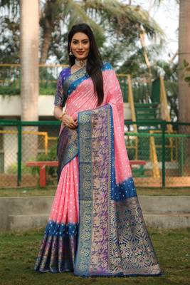 Women Light Peach Kanjivaram Bandhej Silk And Zari Weaving Border With Rich Pallu Saree With Blouse For Women 5