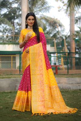 Women Maroon Kanjivaram Bandhej Silk And Zari Weaving Border With Rich Pallu Saree With Blouse For Women 4