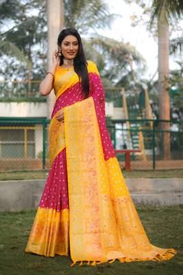 Women Maroon Kanjivaram Bandhej Silk And Zari Weaving Border With Rich Pallu Saree With Blouse For Women 5