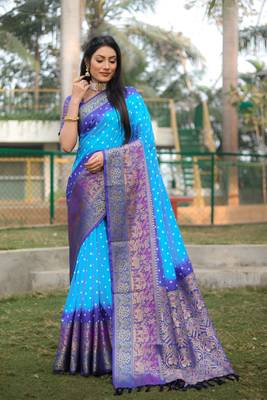 Women Blue Kanjivaram Bandhej Silk And Zari Weaving Border With Rich Pallu Saree With Blouse For Women 3