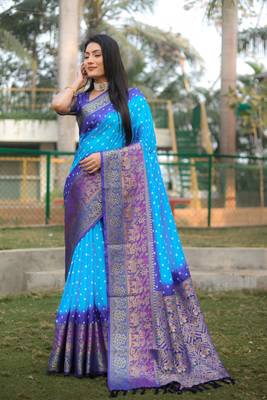 Women Blue Kanjivaram Bandhej Silk And Zari Weaving Border With Rich Pallu Saree With Blouse For Women 4