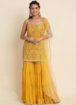 Yellow georgette embroidered designer Palazzo suit 1