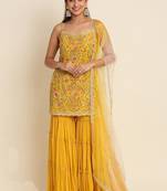 Yellow georgette embroidered designer Palazzo suit