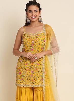 Yellow georgette embroidered designer Palazzo suit 2