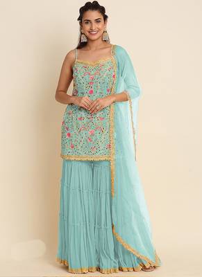 Sky blue georgette embroidered designer Palazzo suit 1
