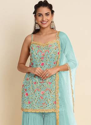Sky blue georgette embroidered designer Palazzo suit 2