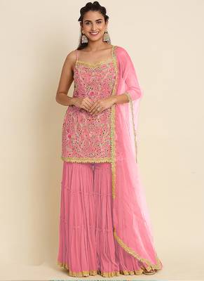 Pink georgette embroidered designer Palazzo suit 1