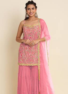 Pink georgette embroidered designer Palazzo suit 2