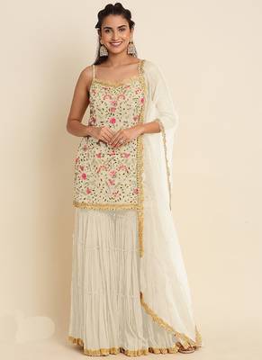 Cream georgette embroidered designer Palazzo suit 1