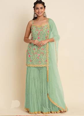 Bottel green georgette embroidered designer Palazzo suit 1