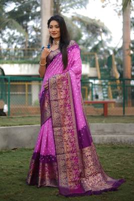 Women Pink Kanjivaram Bandhej Silk And Zari Weaving Border With Rich Pallu Saree With Blouse For Women 3