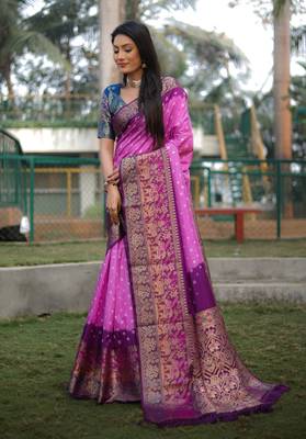 Women Pink Kanjivaram Bandhej Silk And Zari Weaving Border With Rich Pallu Saree With Blouse For Women 5